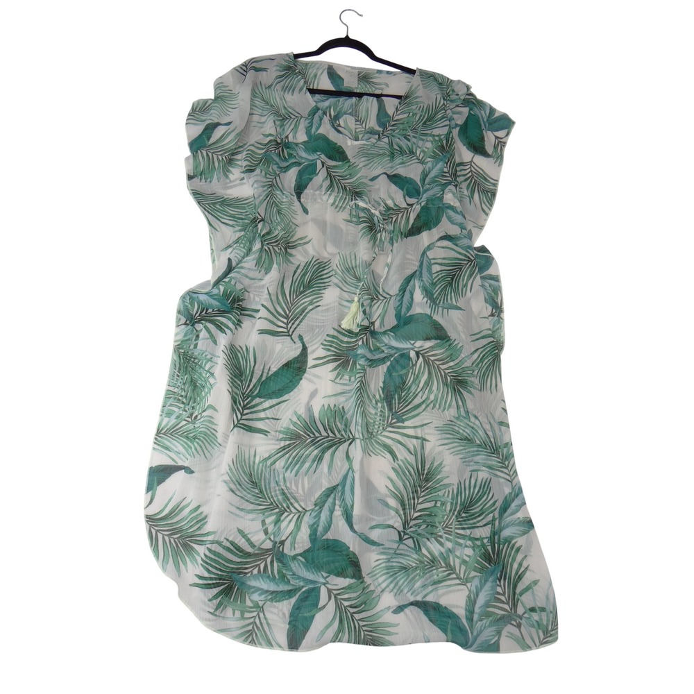 Kona Sol Womens Green Tropical Palm Leaf Print Kaftan Swim Cover Up Small 3514